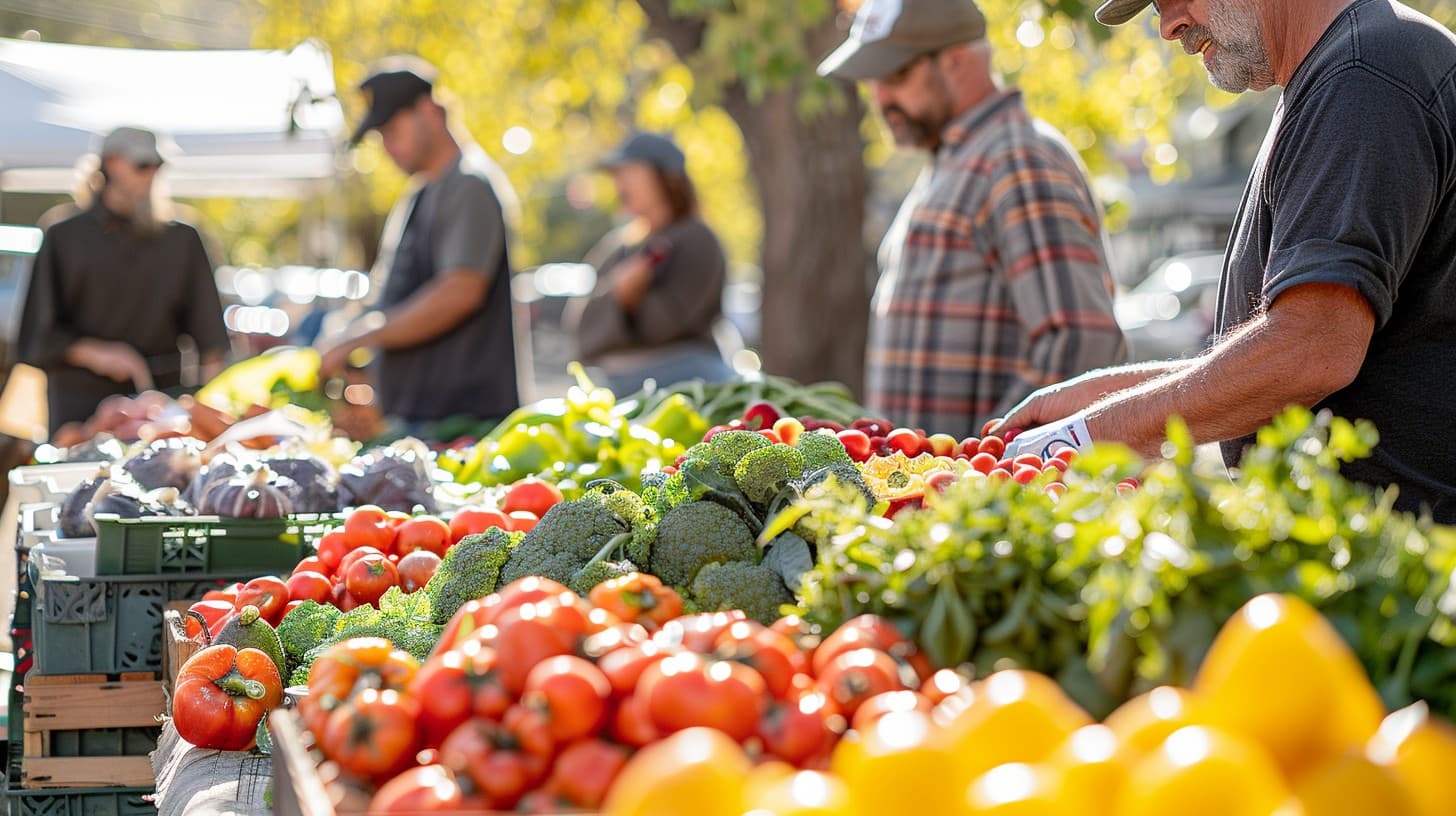 Shoppers browsing fresh tomatoes, peppers, and greens at an outdoor farmers market stall in South Florida