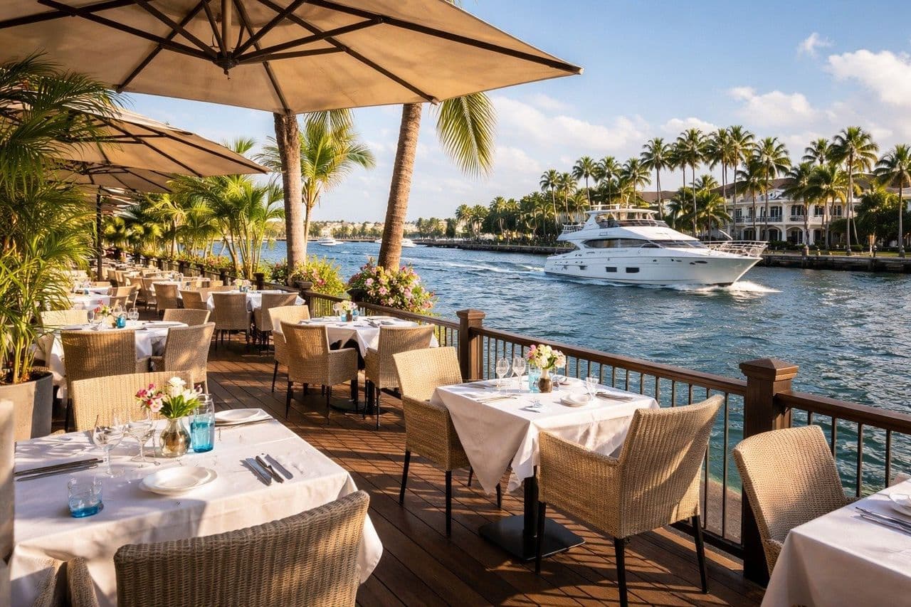 Waterfront restaurant deck with white-tablecloth tables, palm trees, and a yacht passing on the Intracoastal Waterway