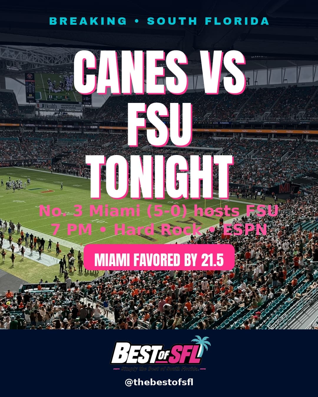 🏈🔥 CANES VS FSU TONIGHT — the rivalry is BACK at Hard Rock.
No. 3 Miami (5-0, 3-0 ACC) ho
